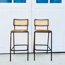 Load image into Gallery viewer, metal framed barstool with brown leather seat and cane back