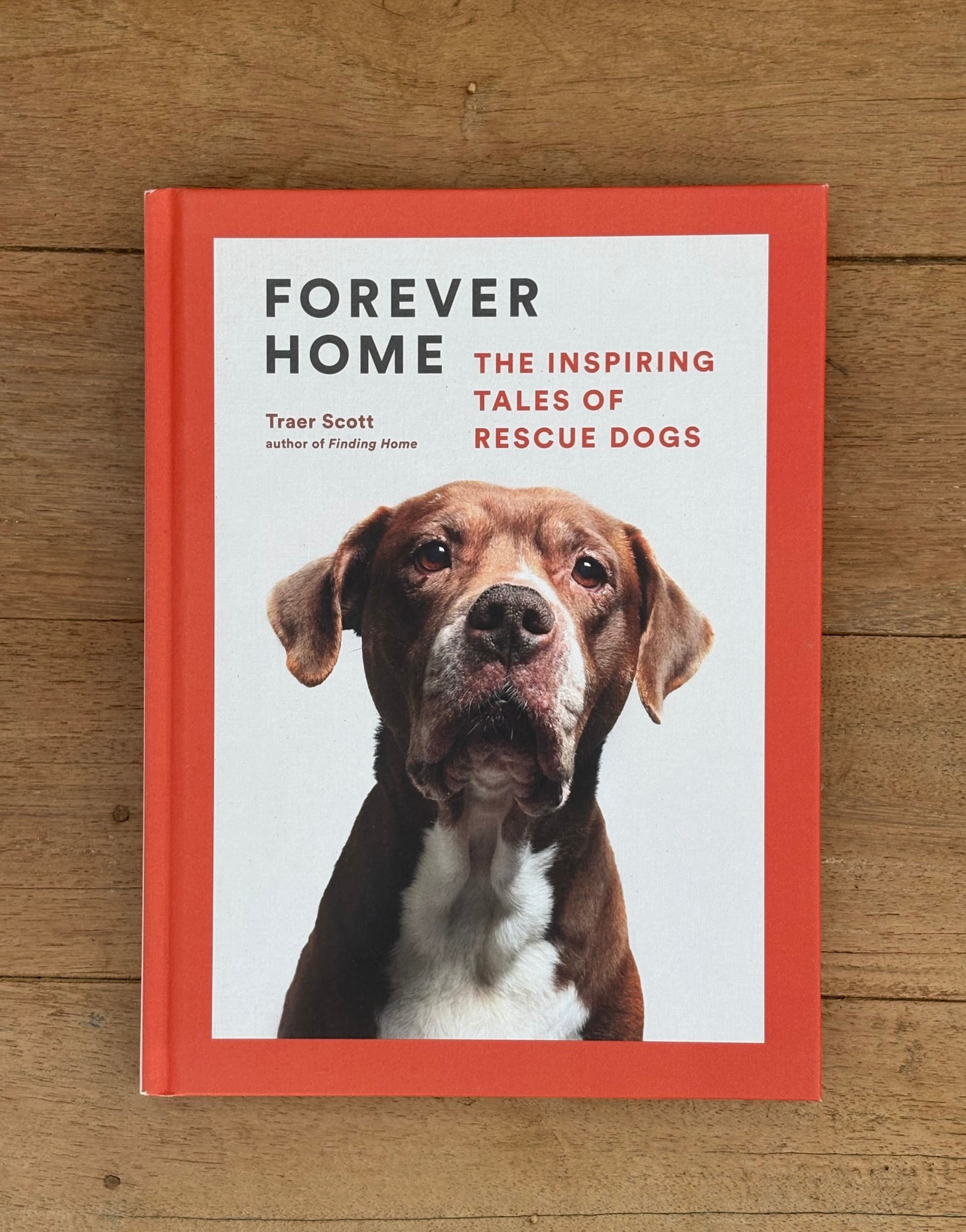 Book titled 'Forever Home: The Inspiring Tales of Rescue Dogs' with a dog on the cover, placed on a wooden surface.
