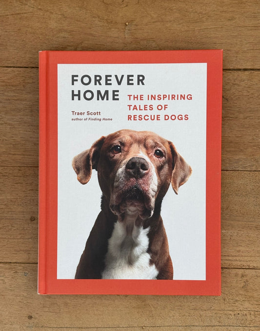 Book titled 'Forever Home: The Inspiring Tales of Rescue Dogs' with a dog on the cover, placed on a wooden surface.