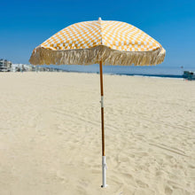 Load image into Gallery viewer, yellow and white checkered Bech umbrella with fringe