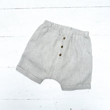 Load image into Gallery viewer, kid&#39;s linen shorts with tan and white pin stripes and three decorative  buttons in front