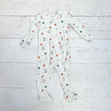 Load image into Gallery viewer, off white sleeper romper with elephants and bunnies holding balloons