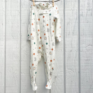 off white sleeper romper with elephants and bunnies holding balloons