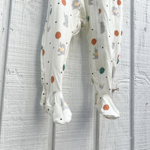 Load image into Gallery viewer, off white sleeper romper with elephants and bunnies holding balloons