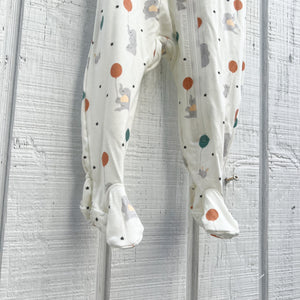 off white sleeper romper with elephants and bunnies holding balloons