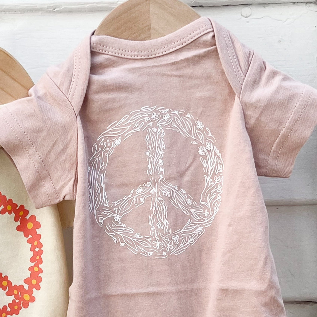 Peace Sign Floral Onesie-Dusty Rose