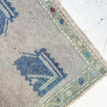Load image into Gallery viewer, vintage Turkish area rug with gray. blue and green colors