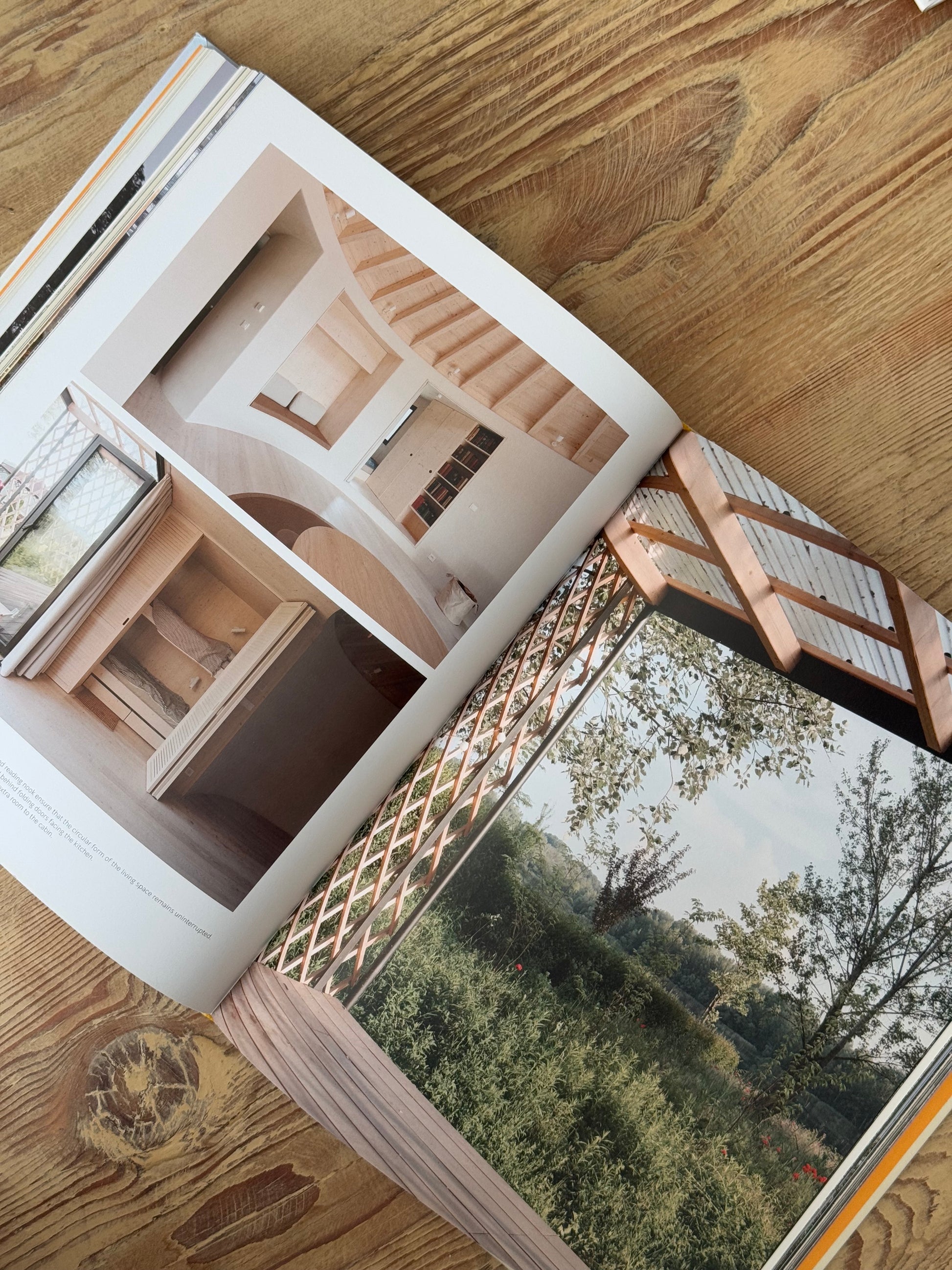 Open book on a wooden surface with a view of trees outside