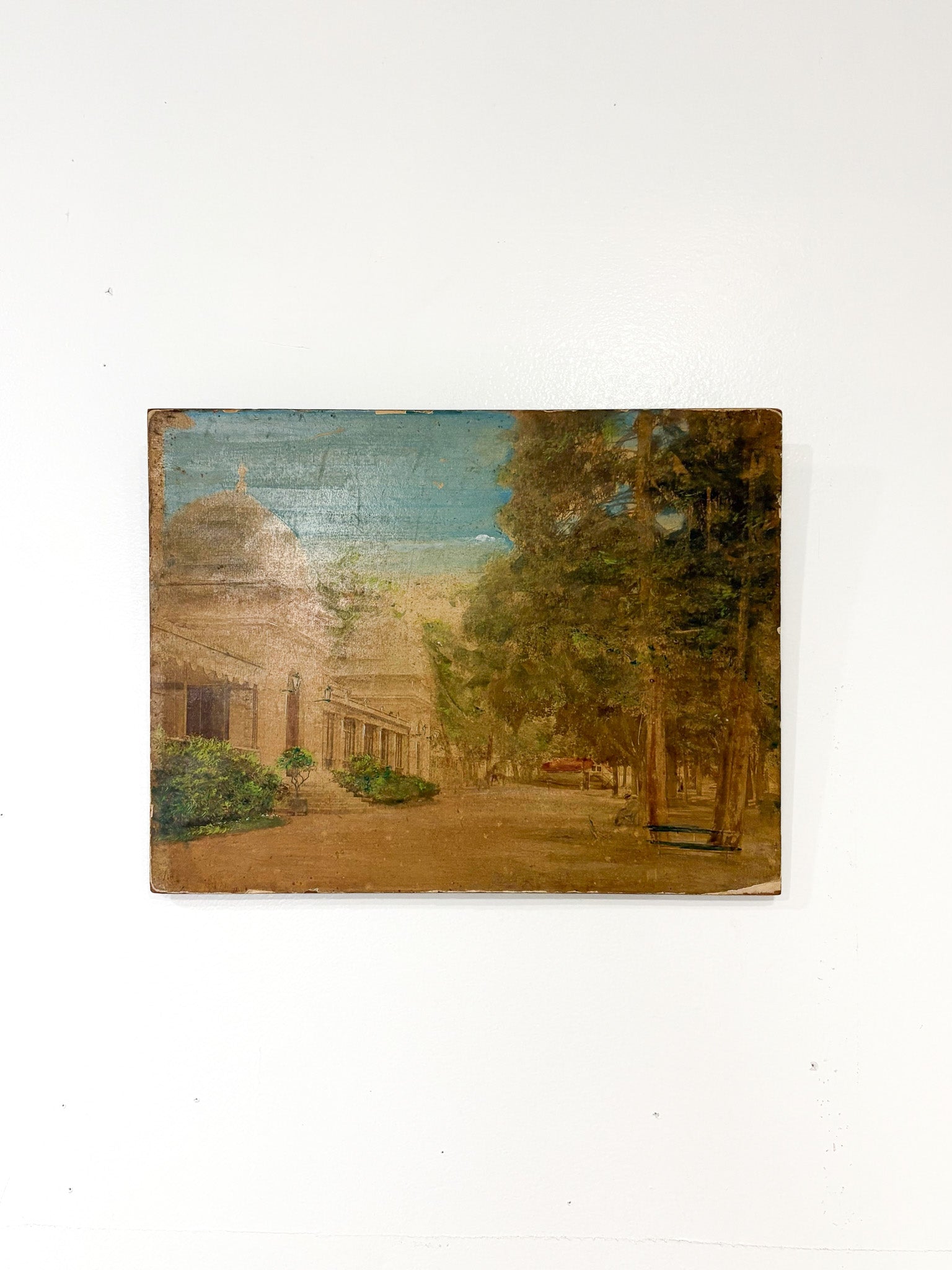 Vintage painting of a landscape with trees and a building on a white background