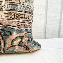 Load image into Gallery viewer, Turkish rug pillow with teal, pale pink and cream colors