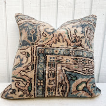 Load image into Gallery viewer, Turkish rug pillow with teal, pale pink and cream colors