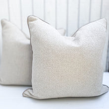 Load image into Gallery viewer, natural colored square pillow with taupe piping