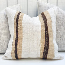 Load image into Gallery viewer, Square Hemp pillow with vertical tan and brown stripes