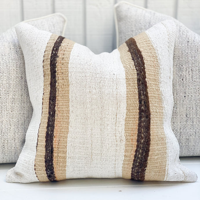 Square Hemp pillow with vertical tan and brown stripes