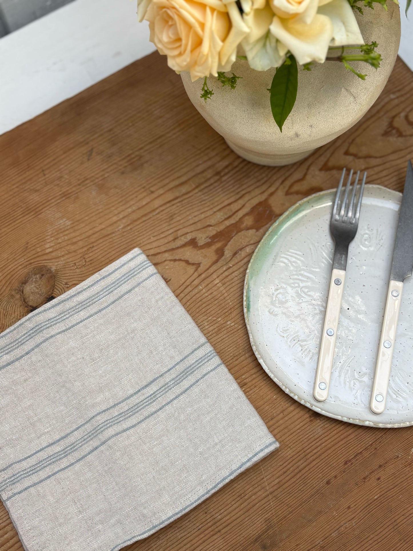 Grey Blue Stripe Rustic Linen Napkin Set/2