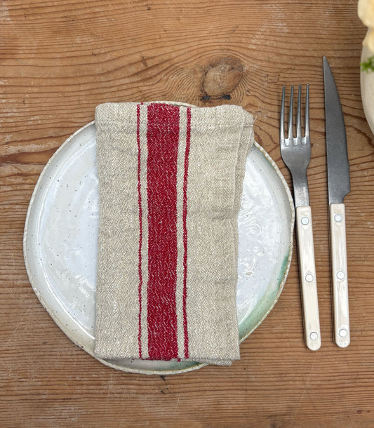 Red Stripe Vintage Linen Napkin Set/2