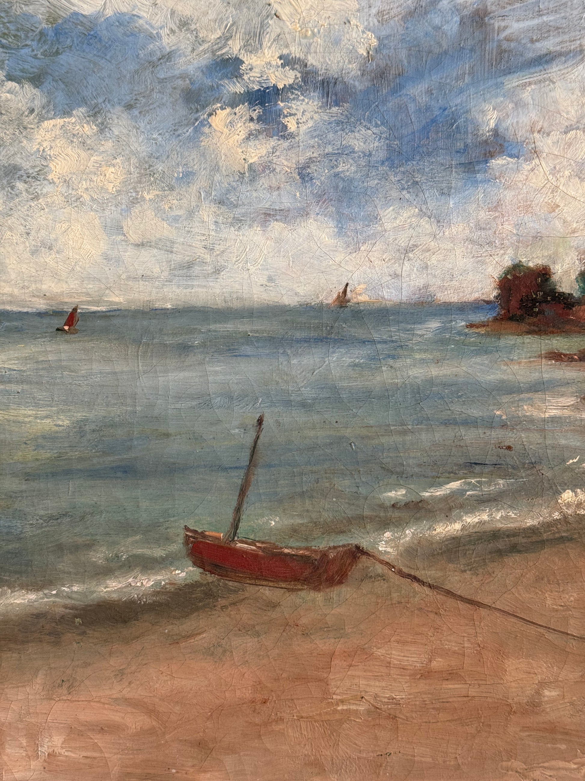 Artistic depiction of a sailboat on water with a rocky shore.