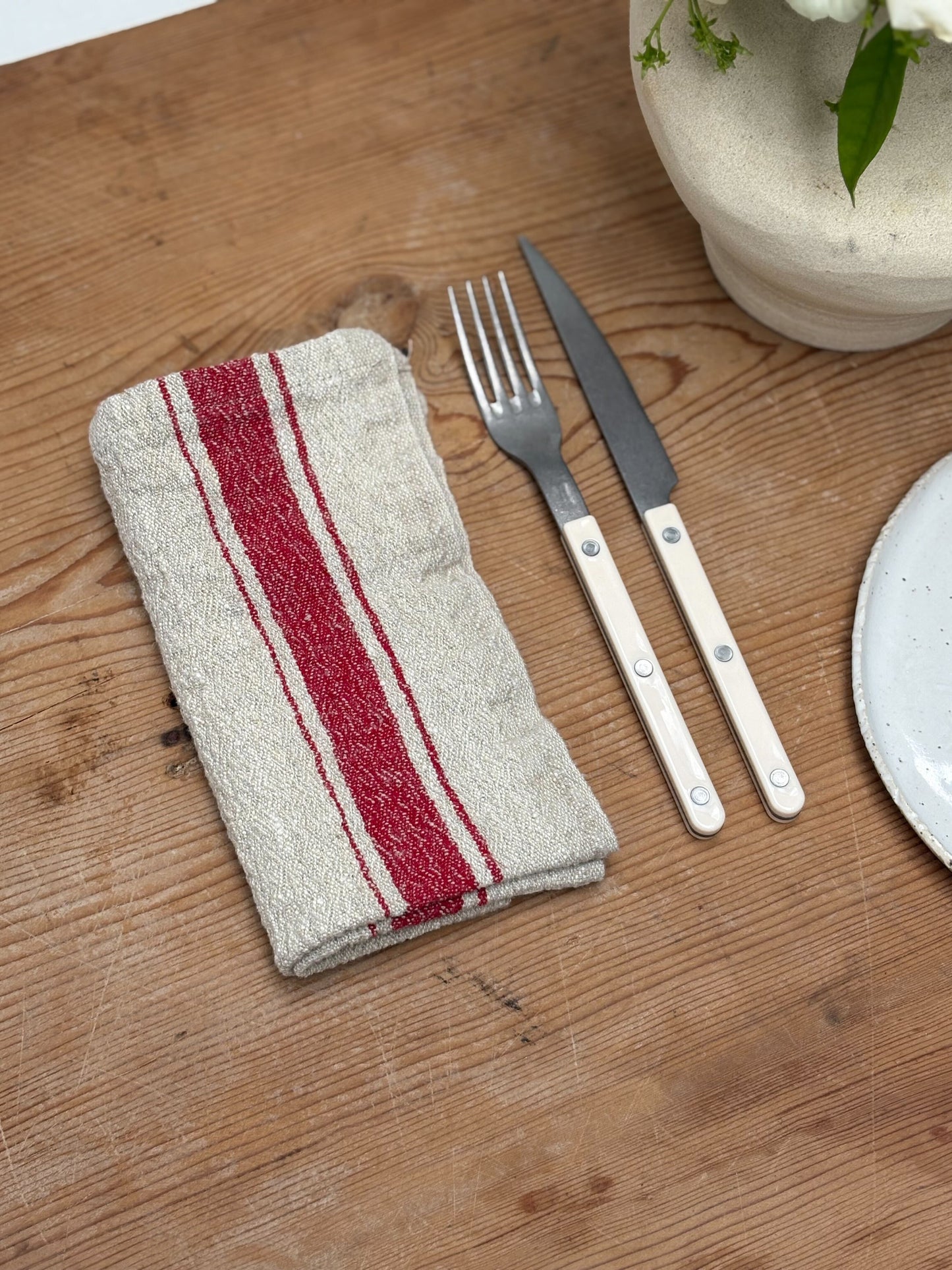 Red Stripe Vintage Linen Napkin Set/2