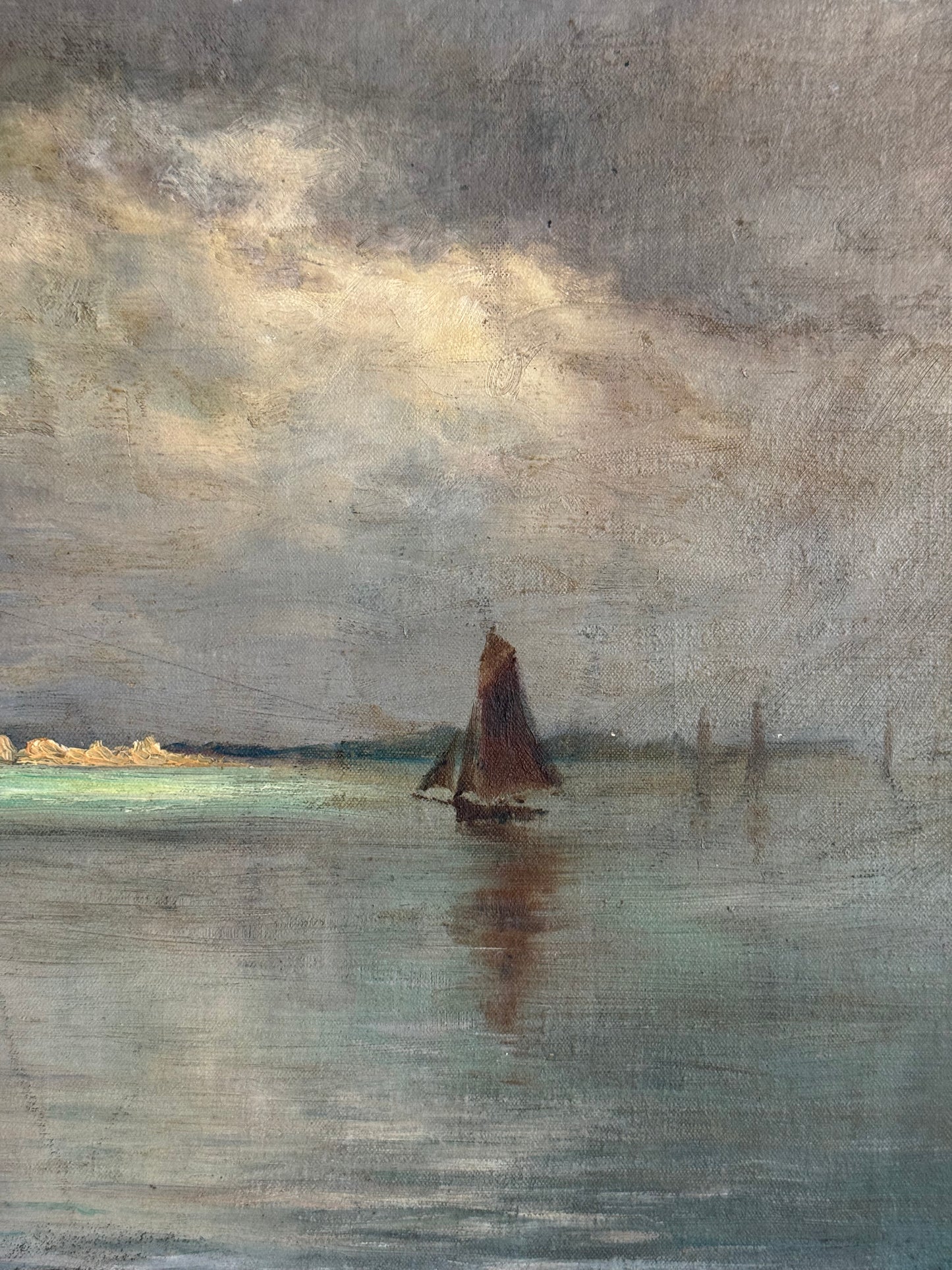painting with textured surface of sailboat and neutral color palette