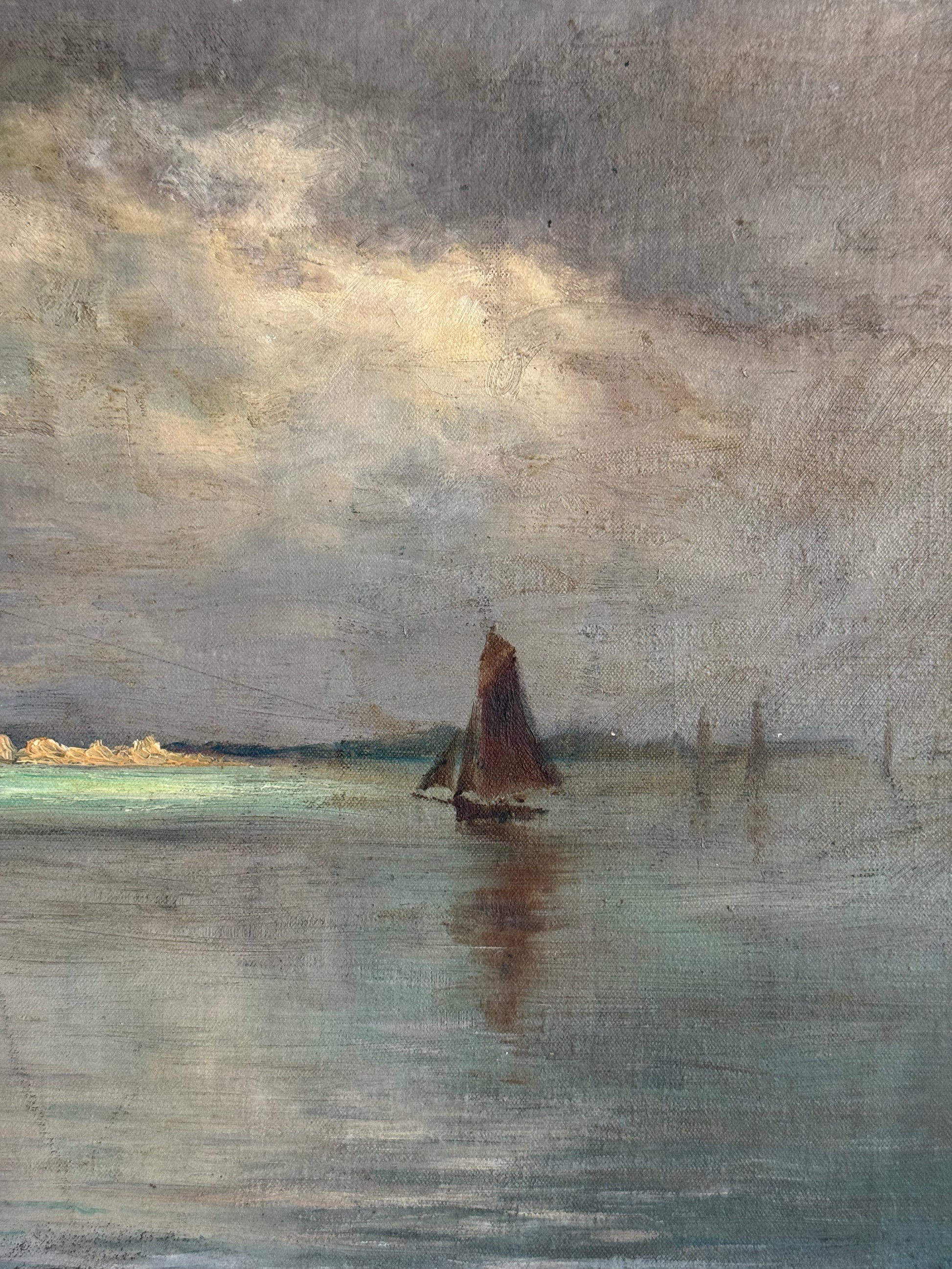 painting with textured surface of sailboat and neutral color palette