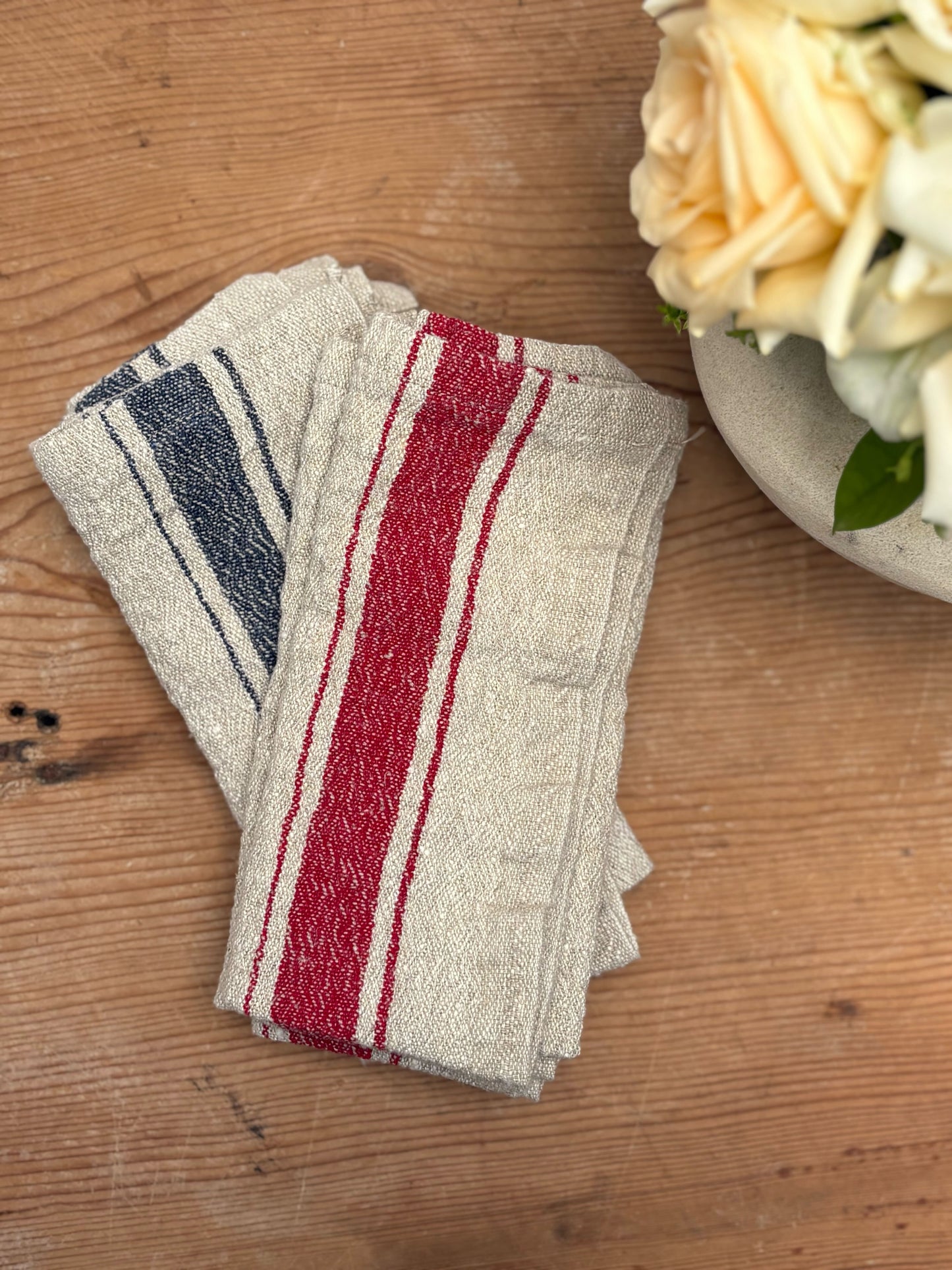 Red Stripe Vintage Linen Napkin Set/2