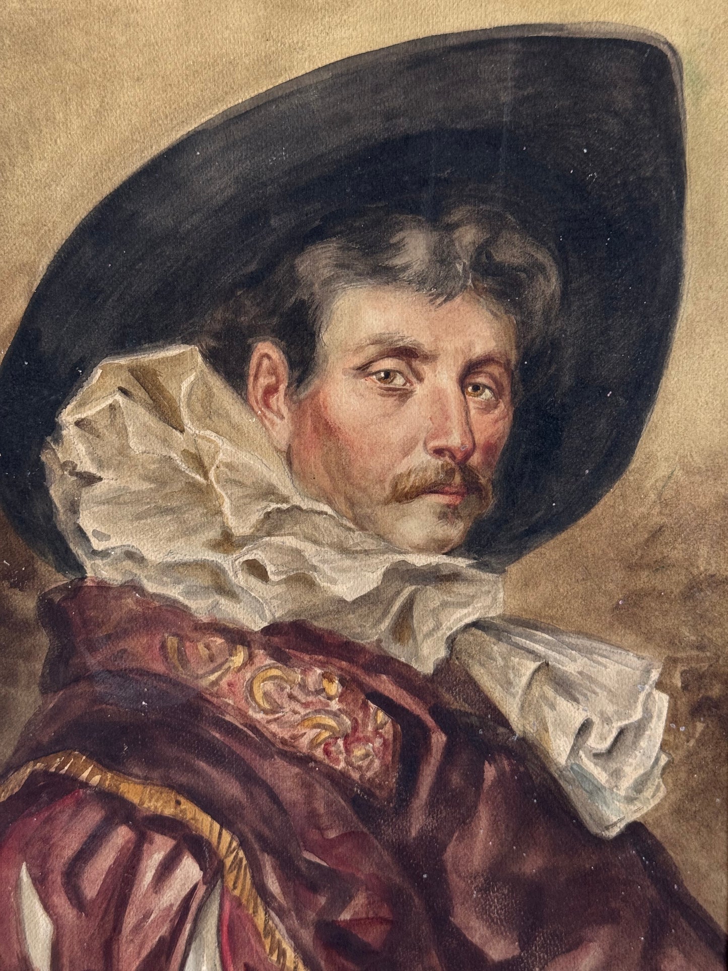Portrait of a person with a dark hat and ornate clothing on a beige background