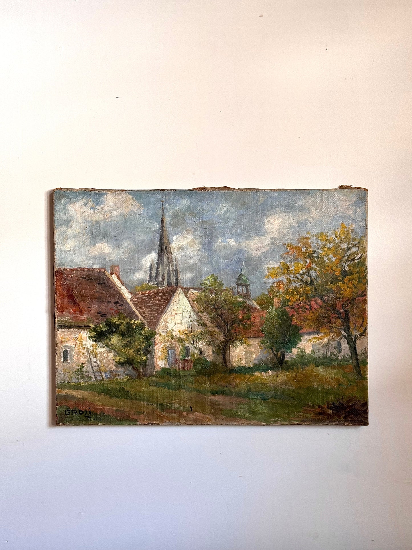 Red Roofs in Fall Vintage Painting