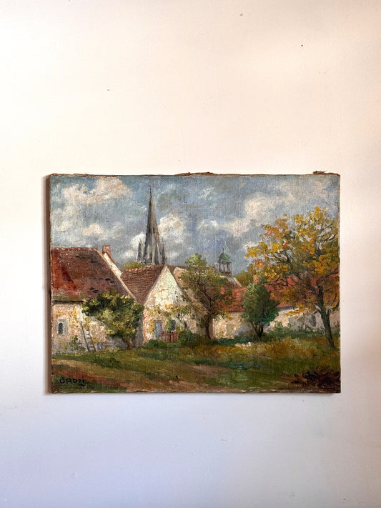Red Roofs in Fall Vintage Painting