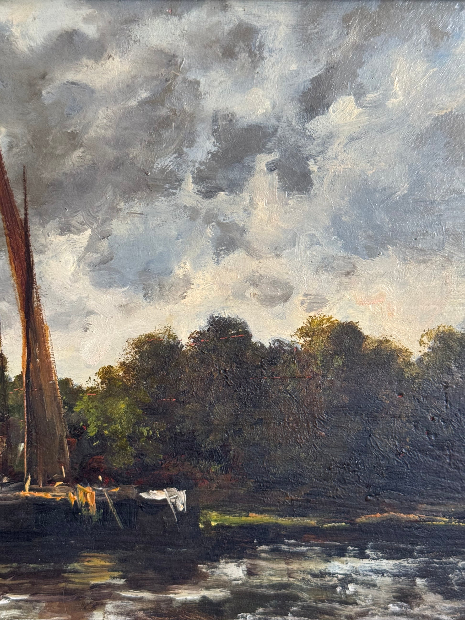 Painting of a landscape with trees and water, featuring a cloudy sky.