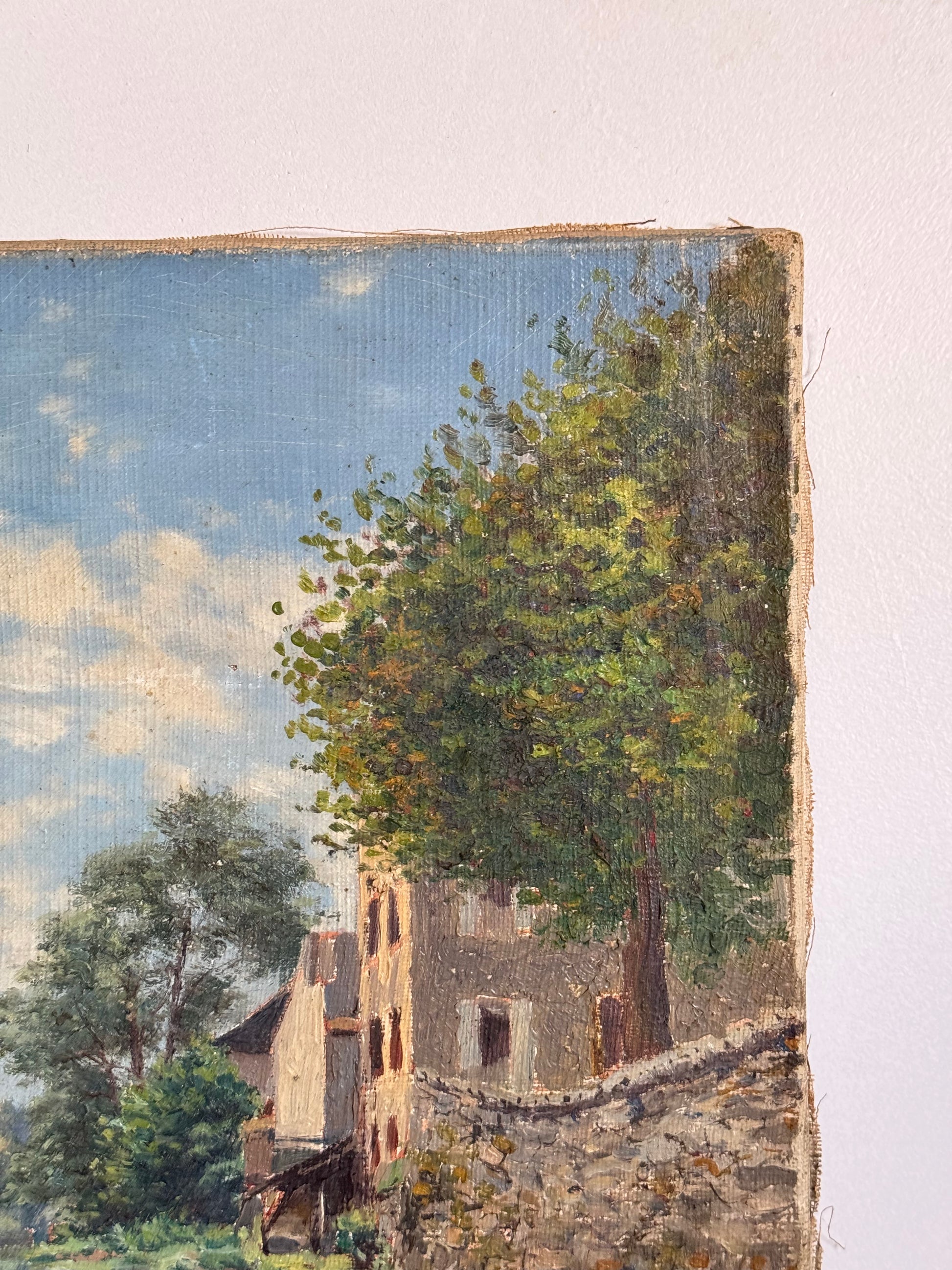 Painting of a building with trees and a blue sky