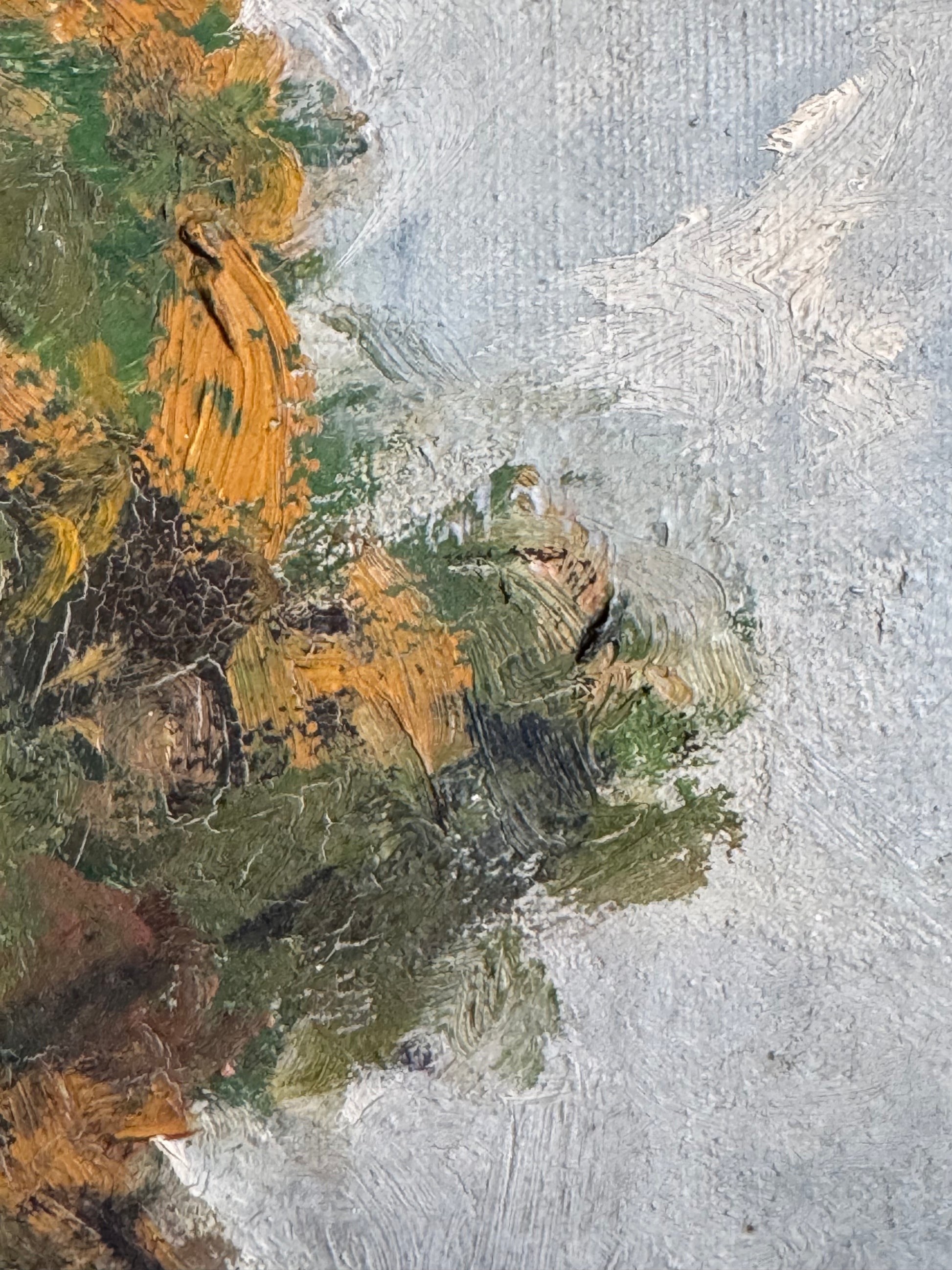 close up of painting with textured brushstrokes in green, brown, and gray.