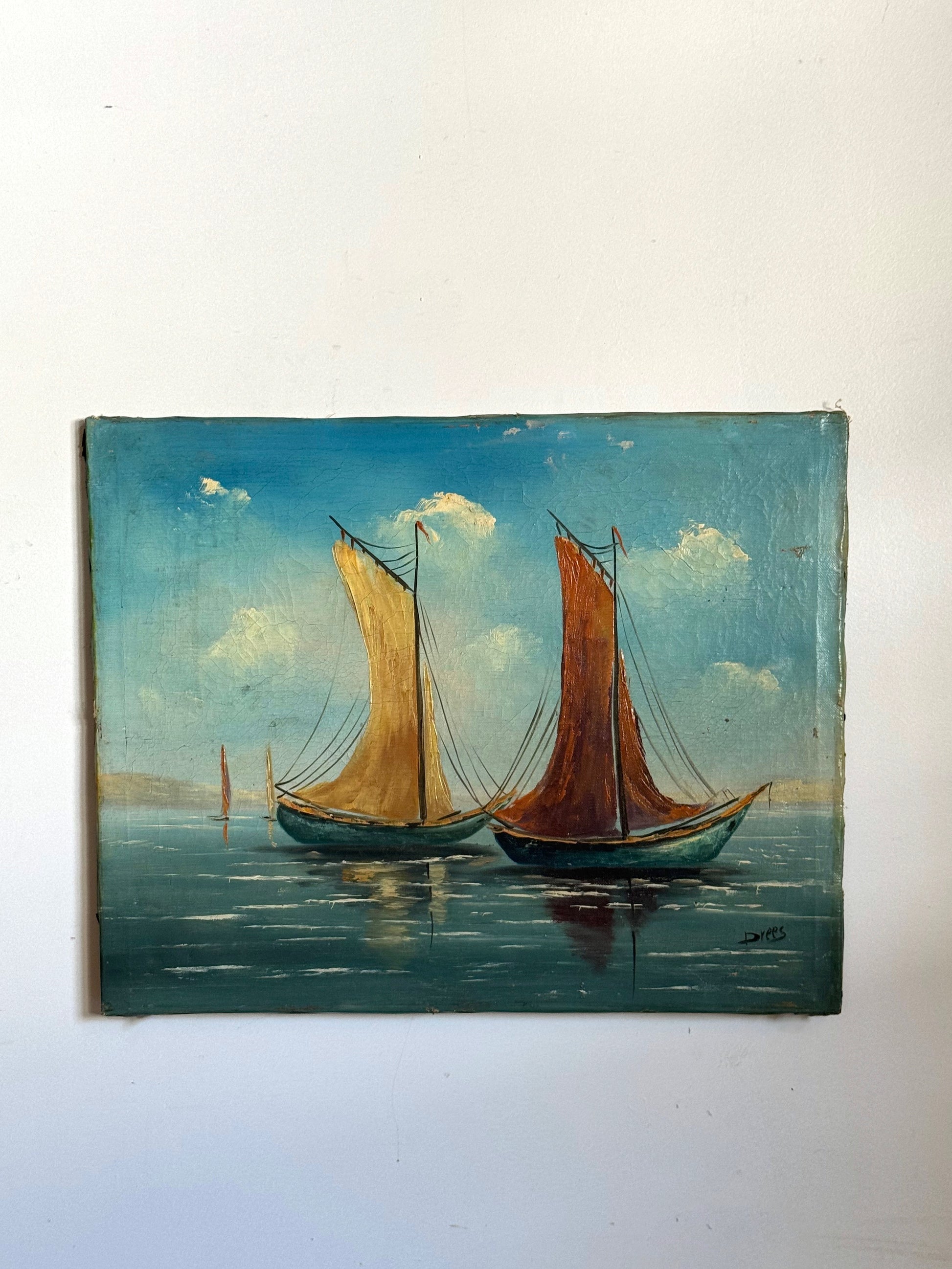 Painting of two sailboats on water with a blue sky.