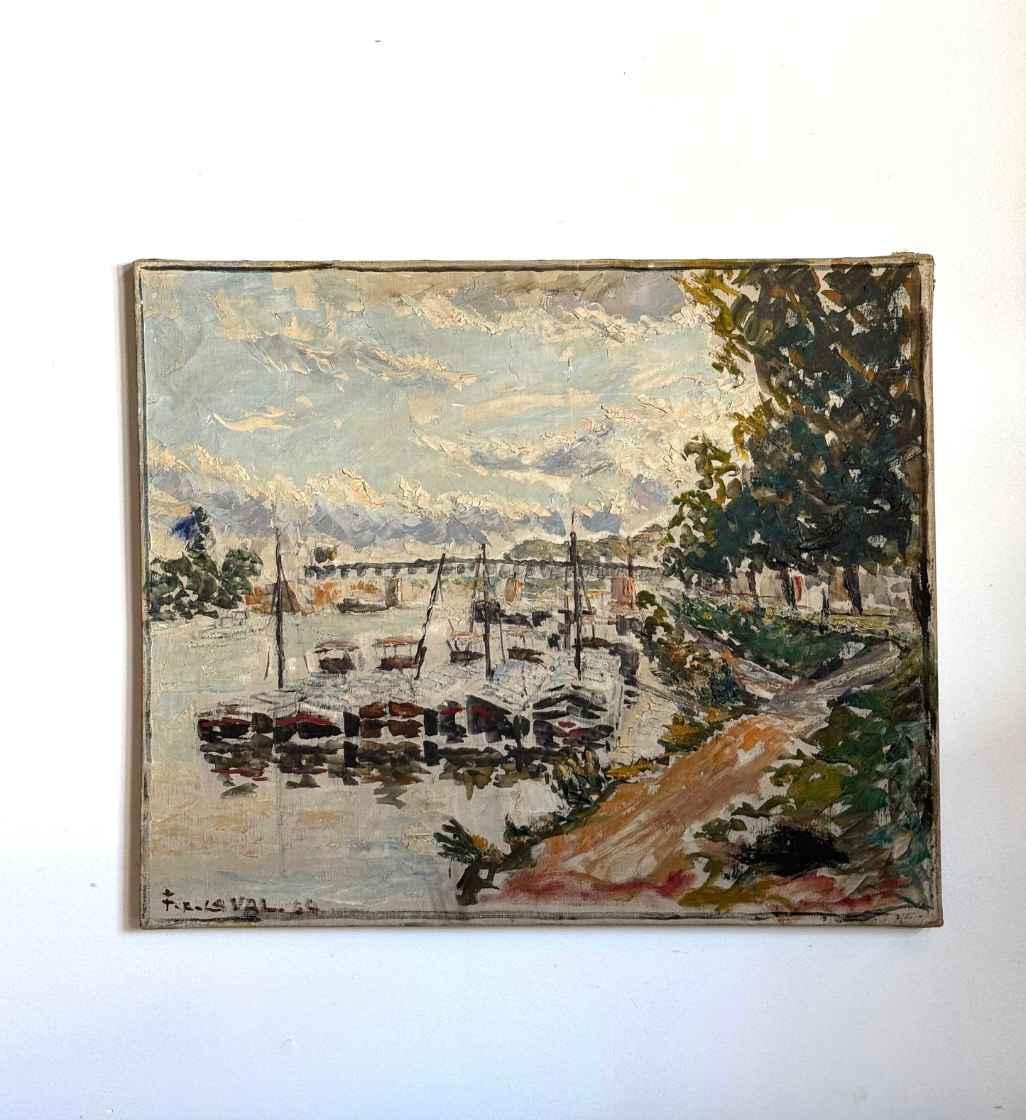Painting of a harbor scene with boats and trees on a white background