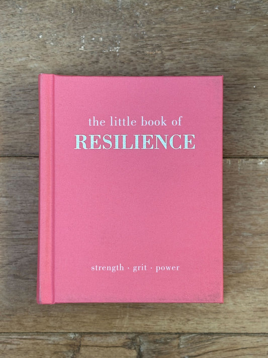 Pink book titled 'the little book of RESILIENCE' on a wooden surface