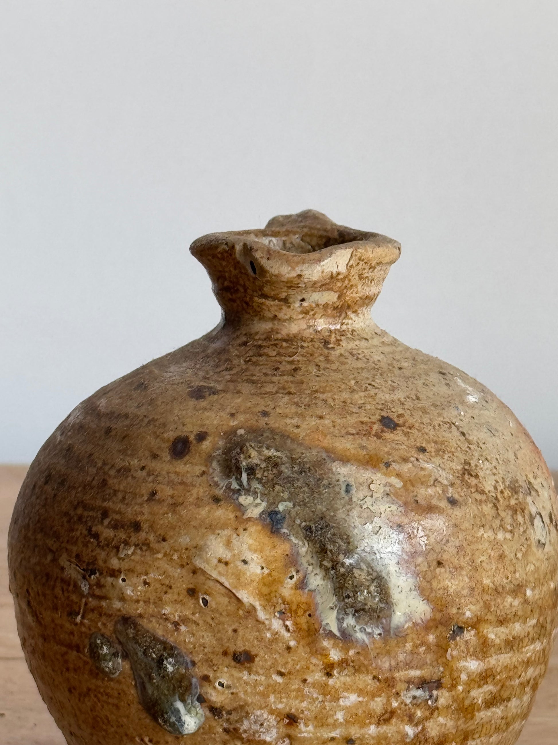 Brown ceramic vase with speckled texture on a white background