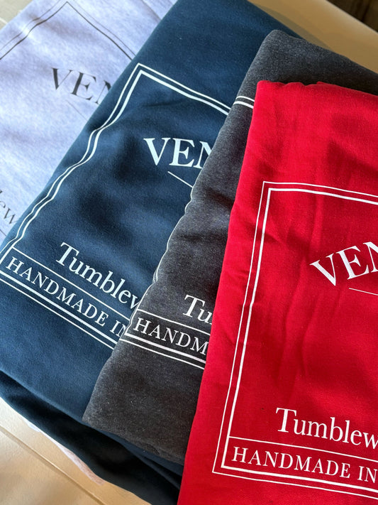 Four folded towels in blue, gray, and red with 'Venice Beach" branding.