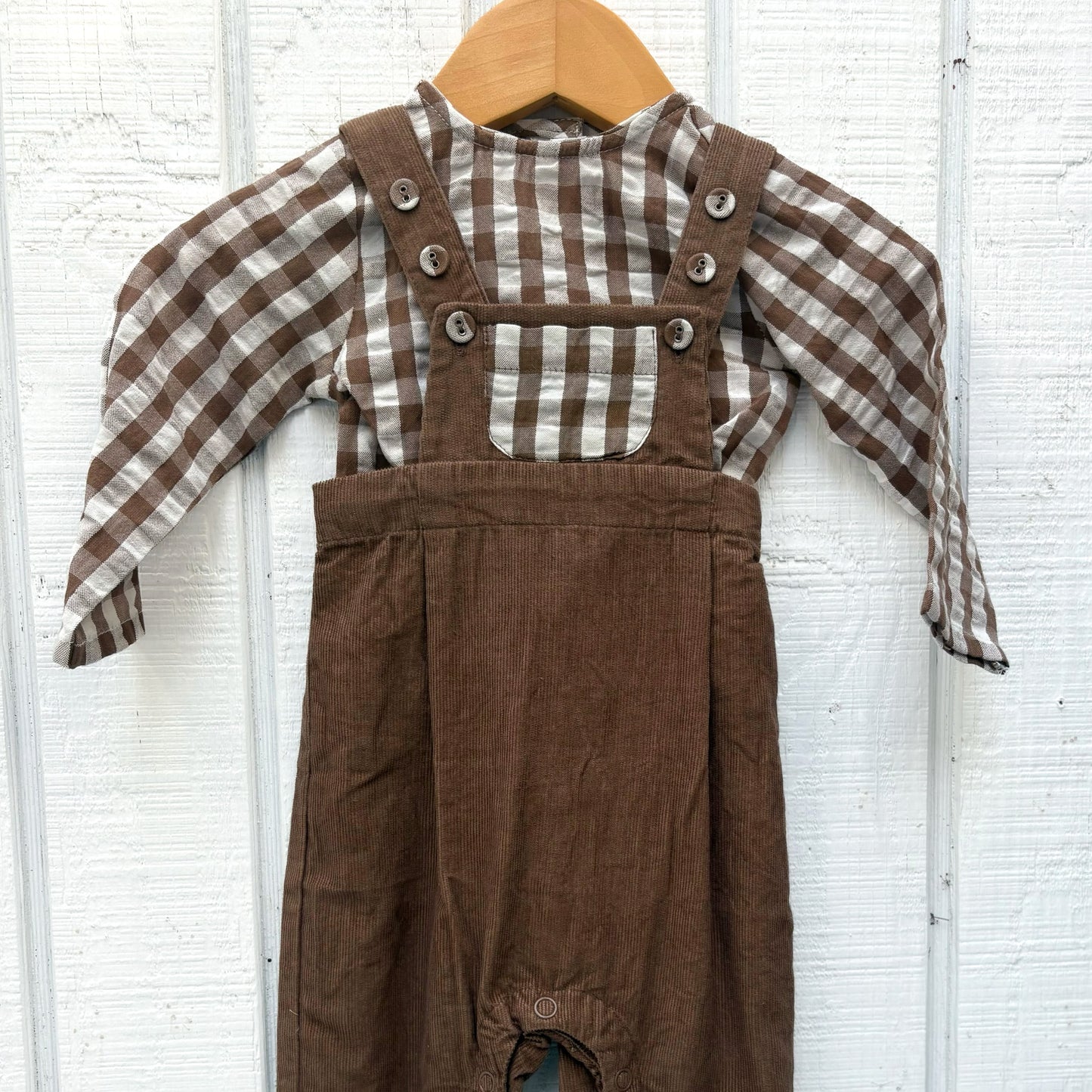 Organic Gingham Shirt + Corduroy Overall Set
