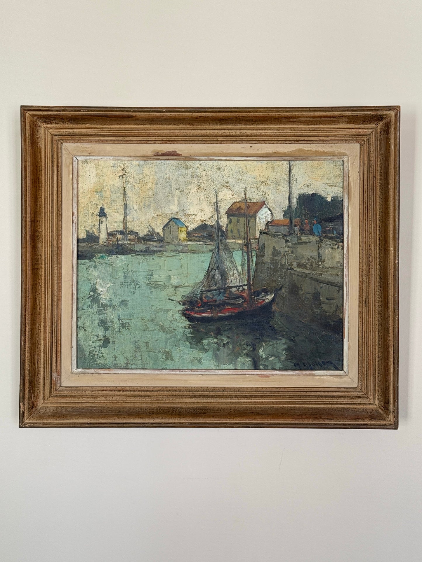 Lighthouse Village Vintage French Painting