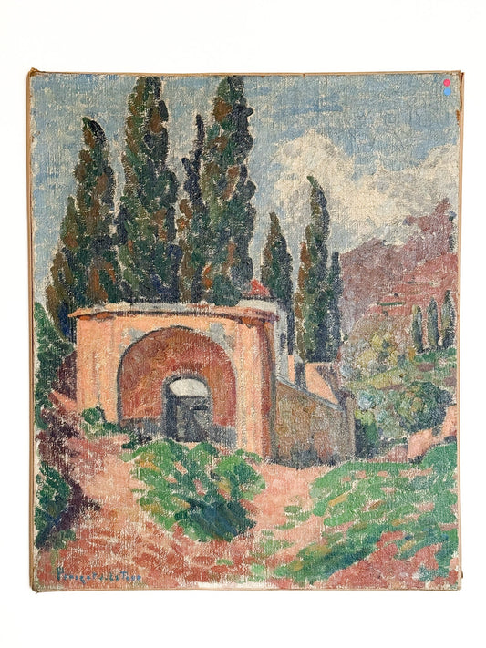Painting of a tunnel with trees and a path