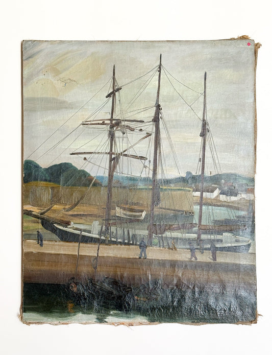 Vintage painting of a ship docked at a harbor with a scenic background