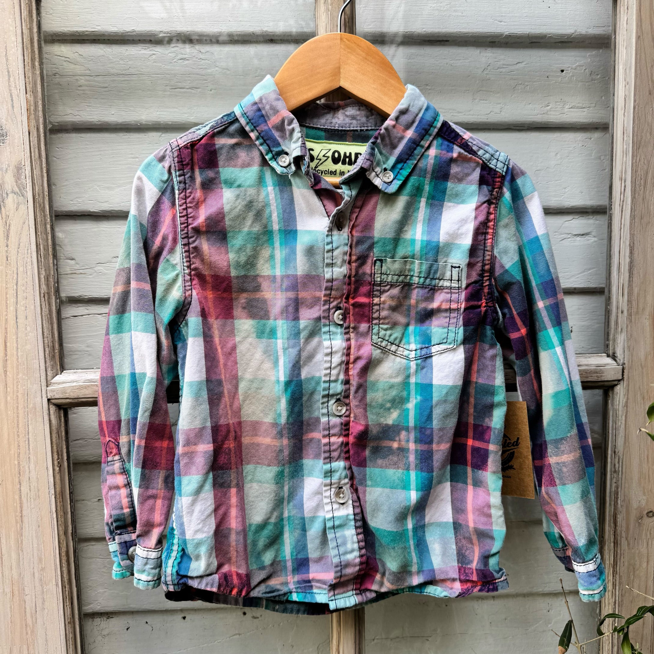 pink blue green and white bleached kid's flannel shirt
