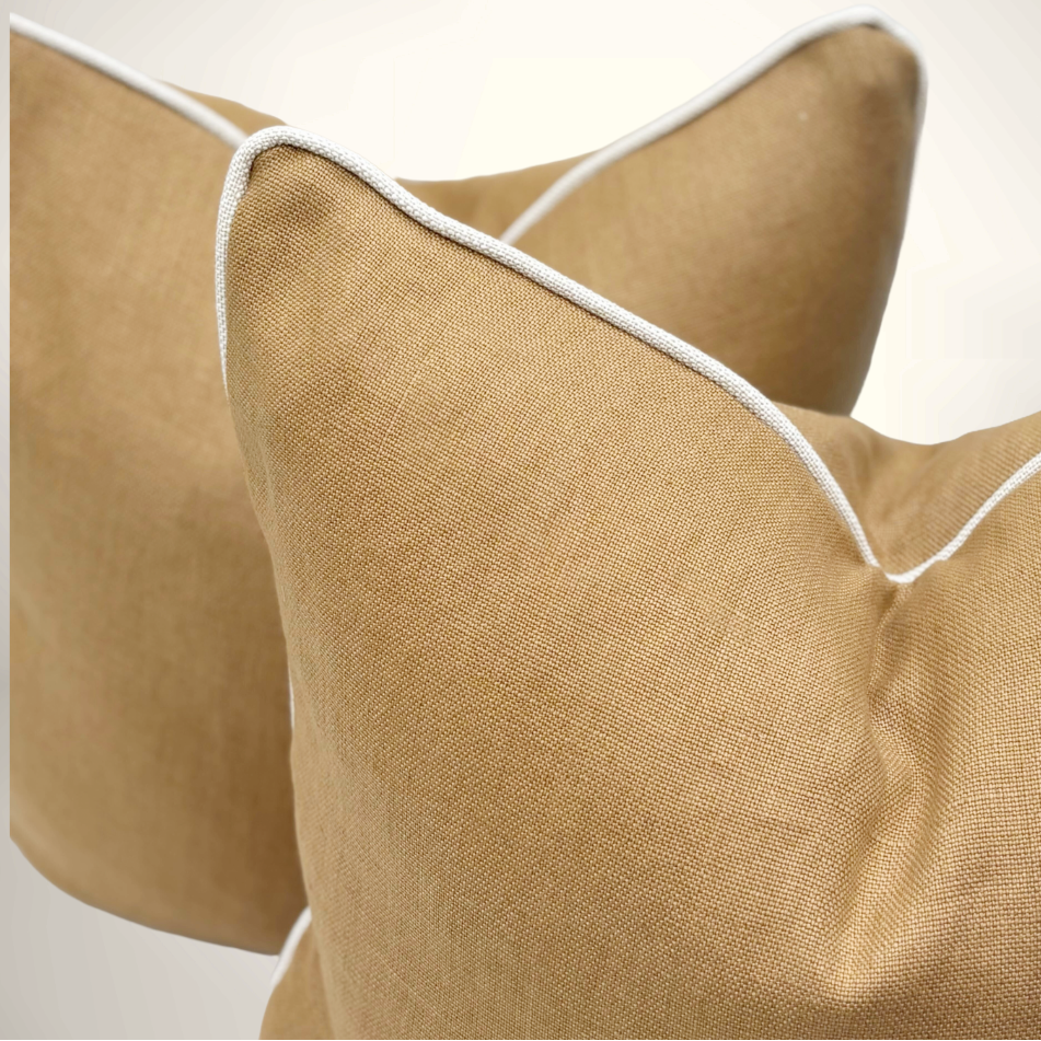 Close-up of beige pillows with white piping on a light background