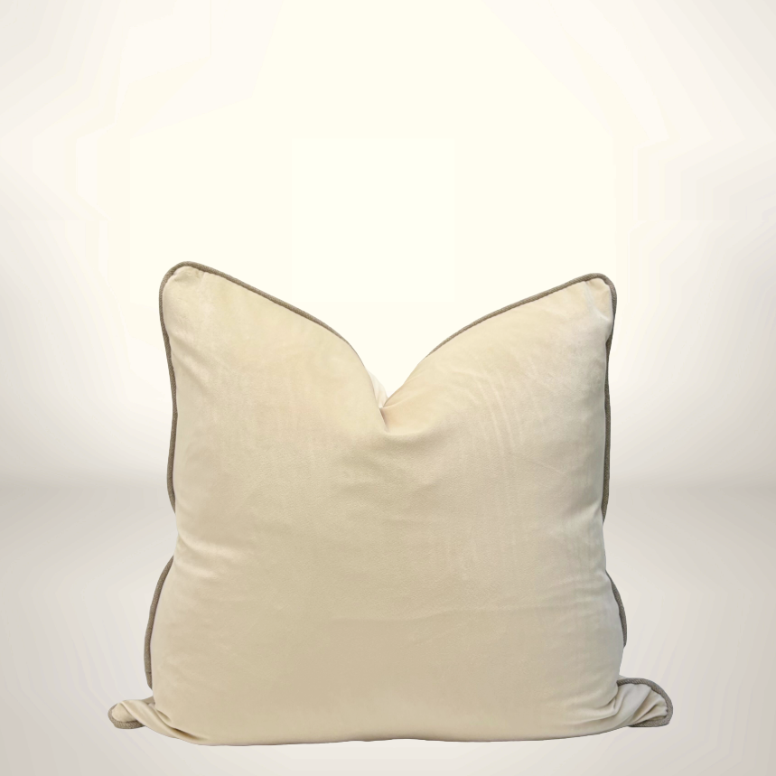 Beige pillow with a dark brown border on a white background