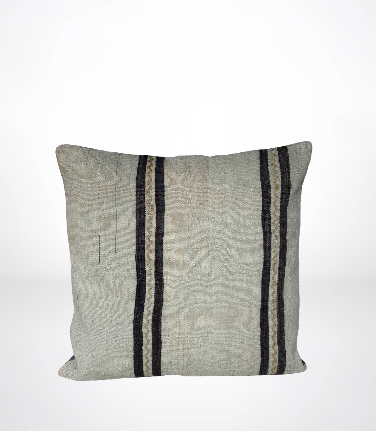 A square throw pillow made from a textured, natural-looking beige fabric with vertical stripes in black and a woven beige-and-black pattern, set against a plain white background.