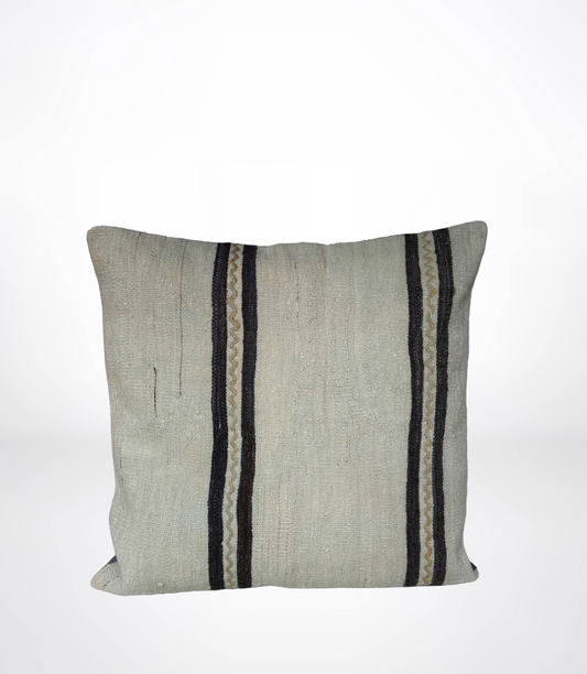 A square throw pillow made from a textured, natural-looking beige fabric with vertical stripes in black and a woven beige-and-black pattern, set against a plain white background.