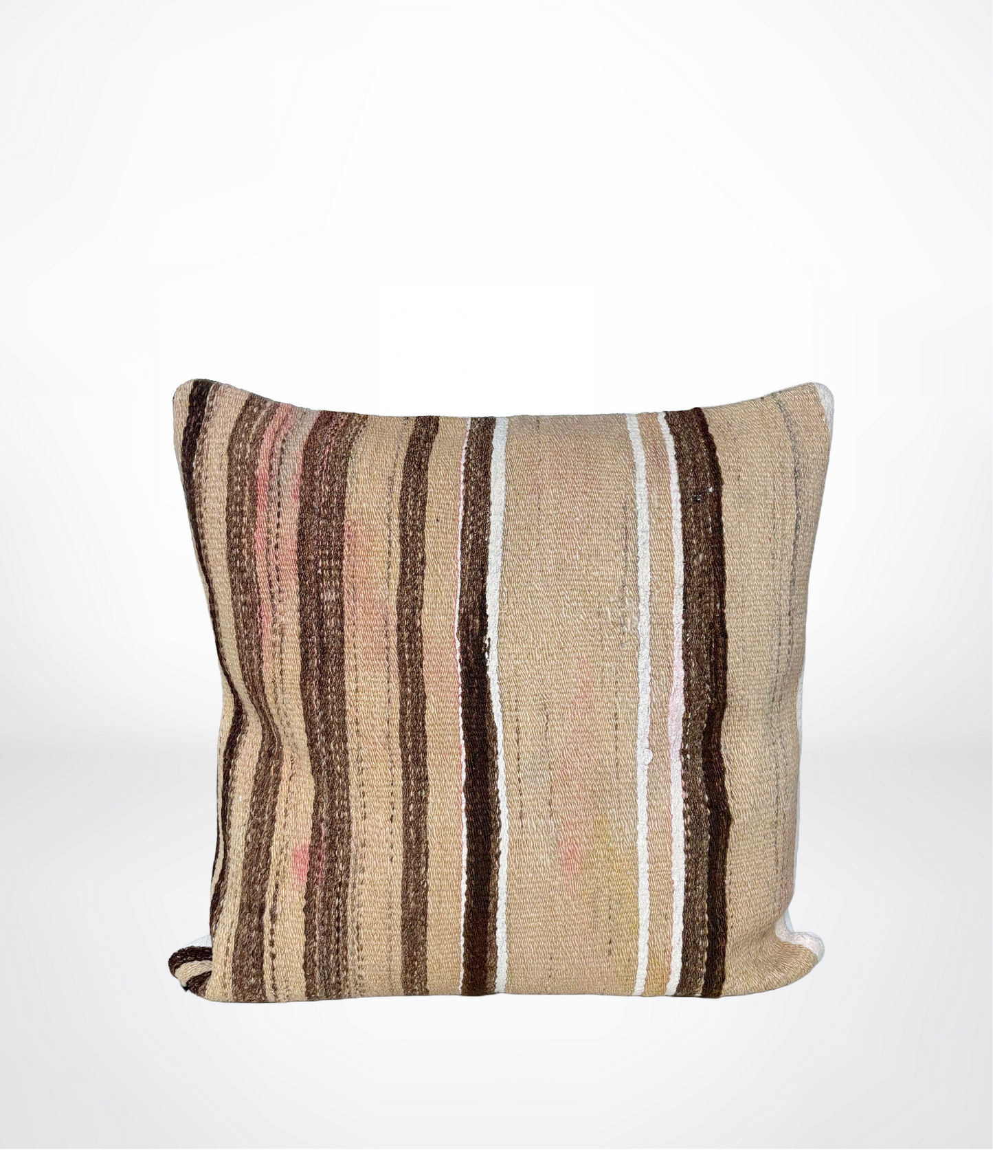 A square throw pillow with a vertical striped pattern in beige, brown, and white, set against a plain white background.