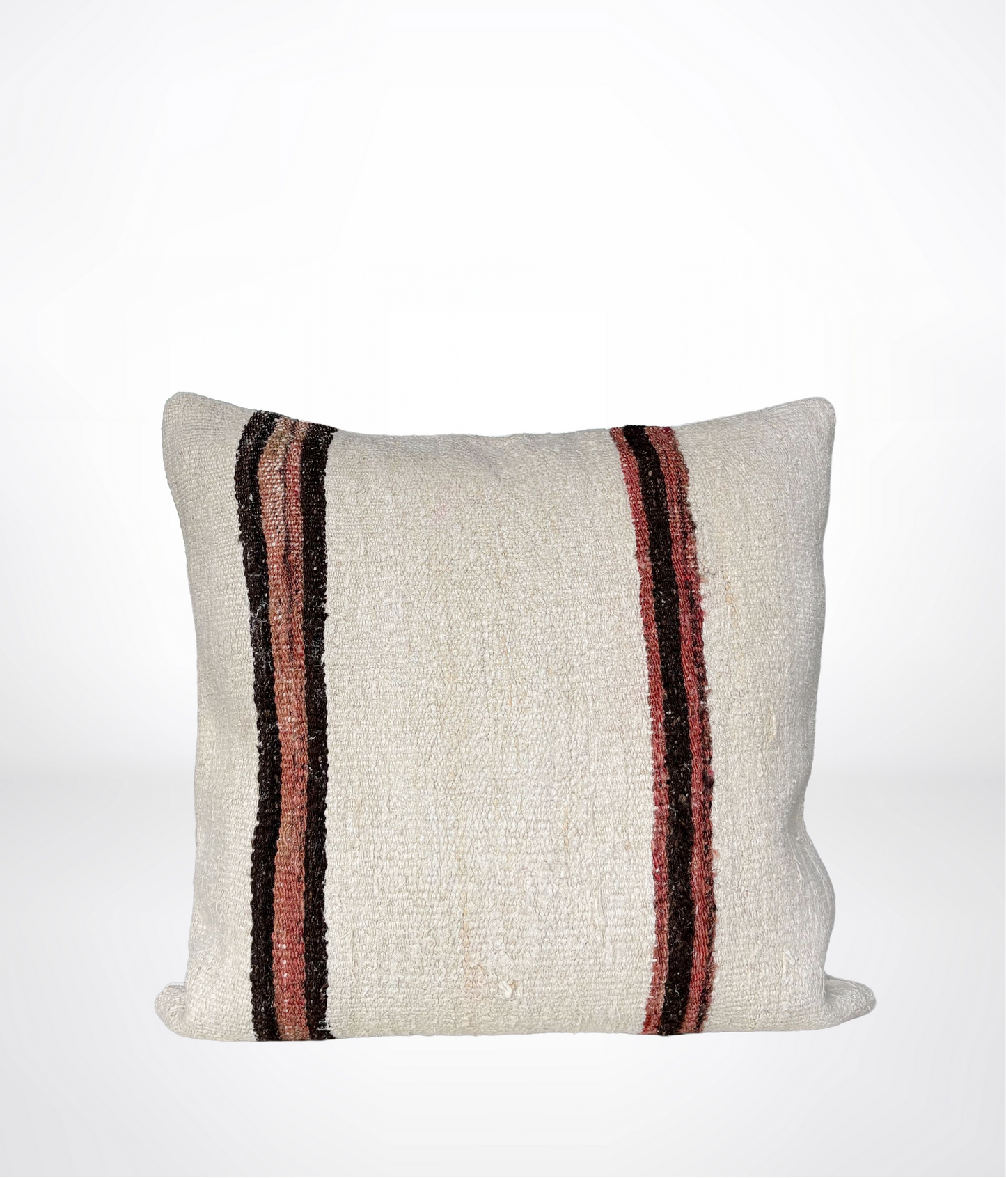 A square throw pillow with a textured off-white linen-like fabric, featuring two vertical stripes on the sides in black and muted red.