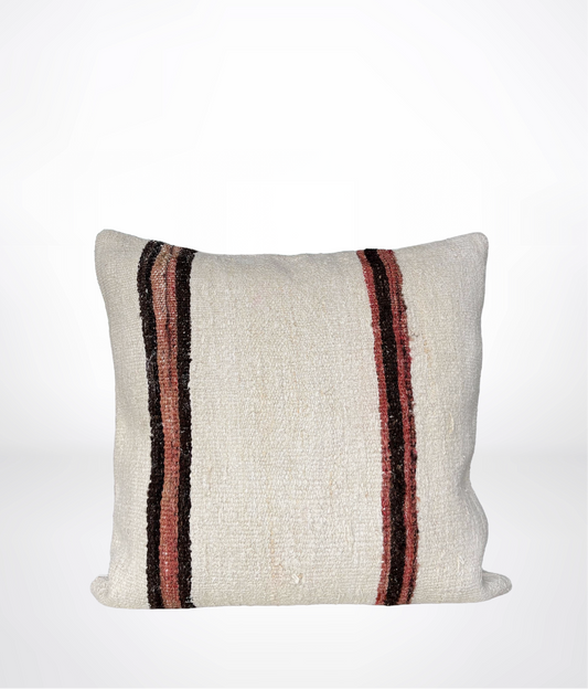 A square throw pillow with a textured off-white linen-like fabric, featuring two vertical stripes on the sides in black and muted red.