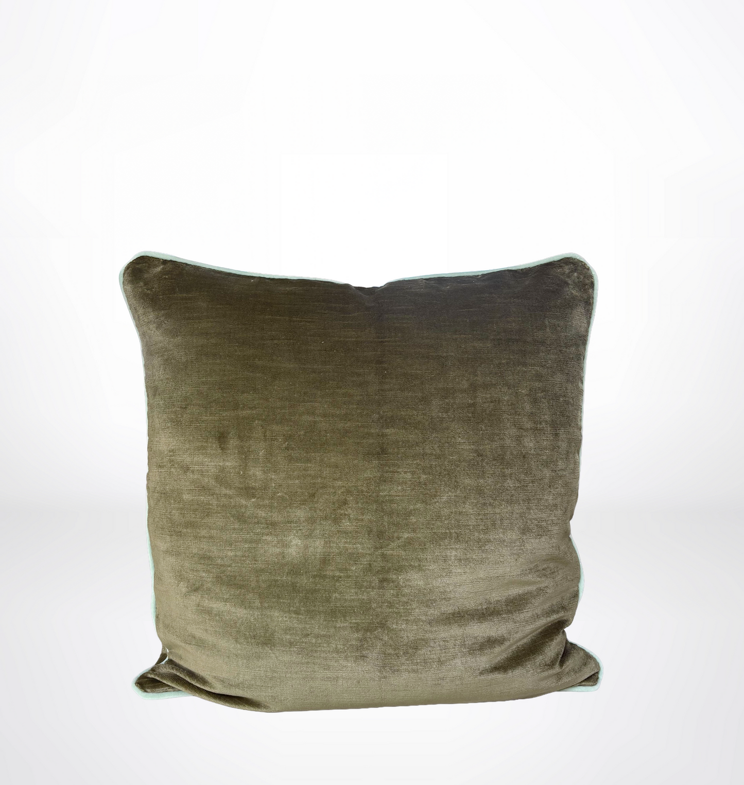 A square throw pillow in a textured olive green velvet fabric, photographed against a clean white studio background.
