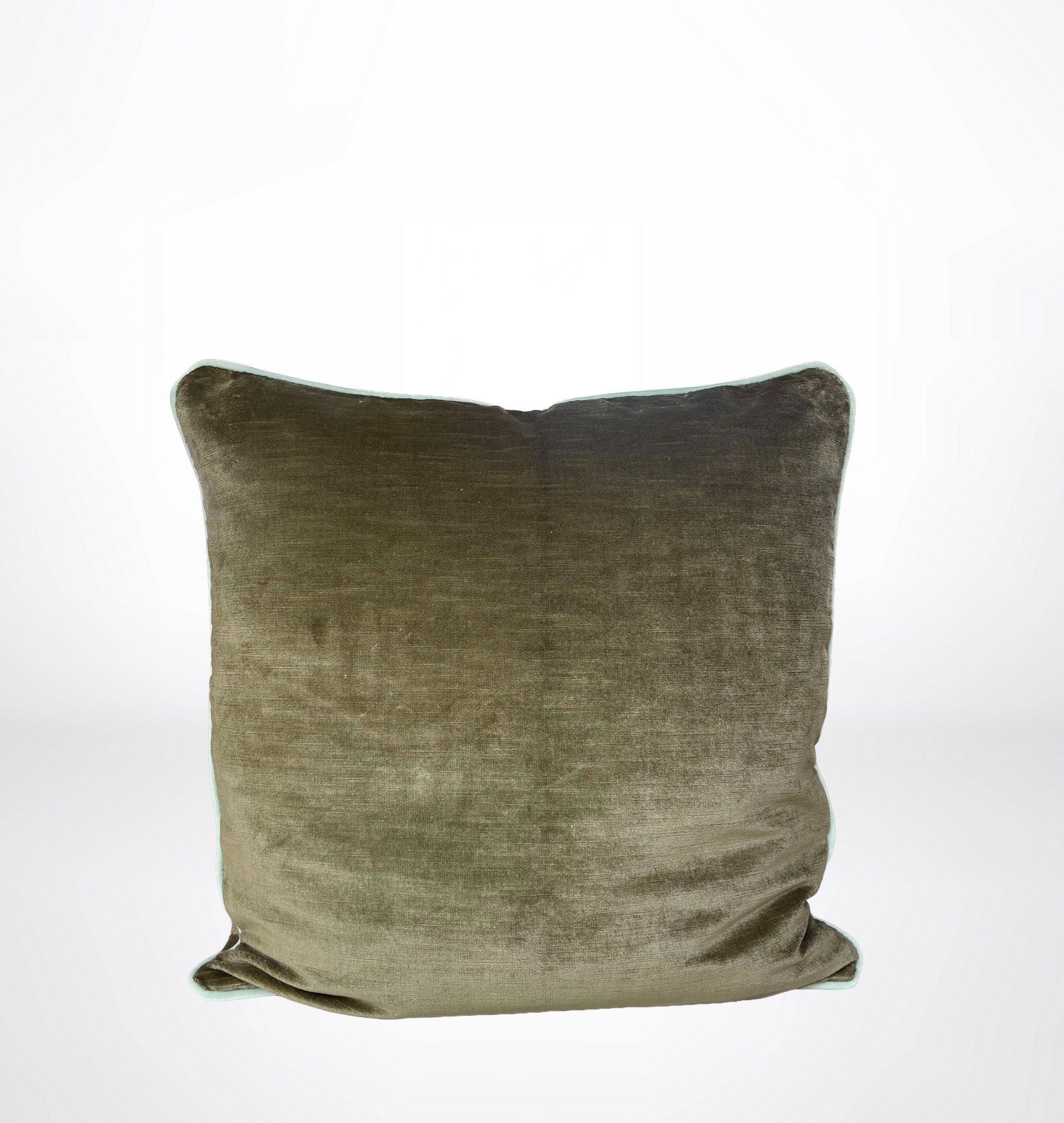 A square throw pillow in a textured olive green velvet fabric, photographed against a clean white studio background.